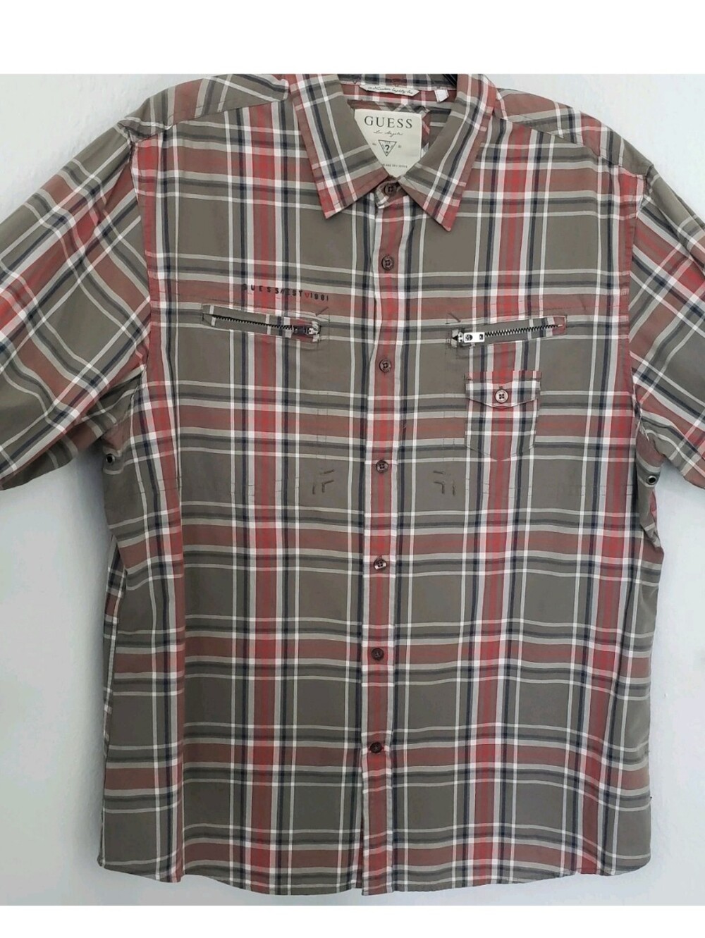 GUESS Men's Olive & Red Plaid Button-Down w/Zippered Pockets Vintage Retro XL